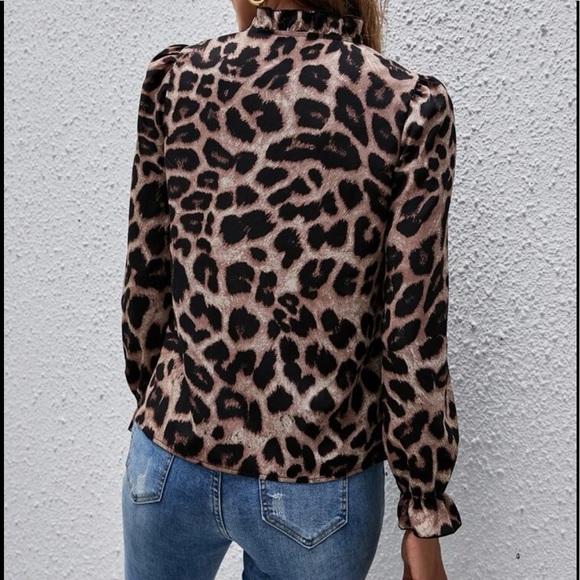 Camel black boho leopard print button up blouse - Picture 2 of 14